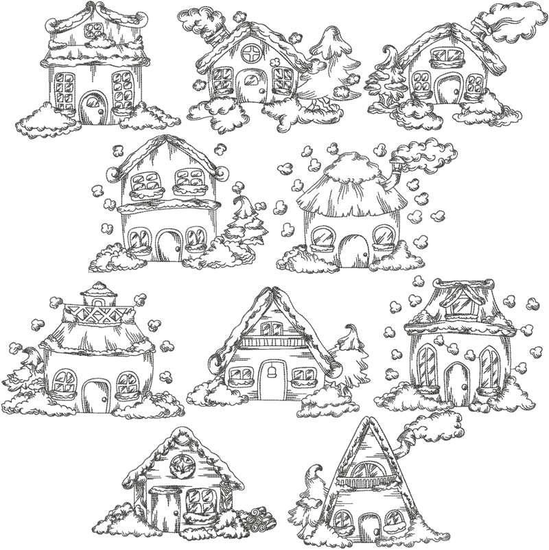 800x802 Advanced Embroidery Designs - Christmas Village Drawing