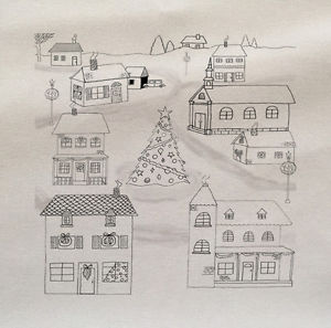 300x297 christmas village drawin printed on fabric panel make a cushion - Christmas Village Drawing
