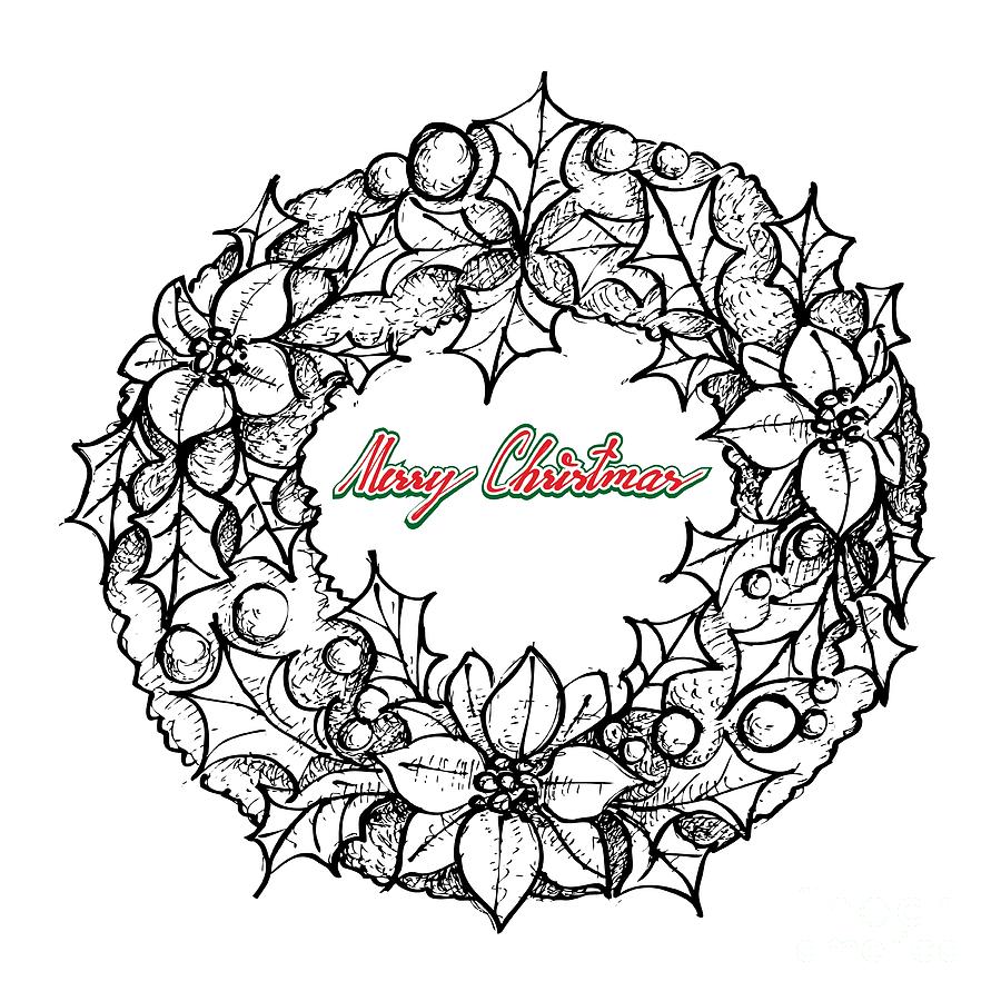 900x900 Hand Drawn Of Christmas Wreath Of Red Poinsettia Flowers - Christmas Wreath Drawing