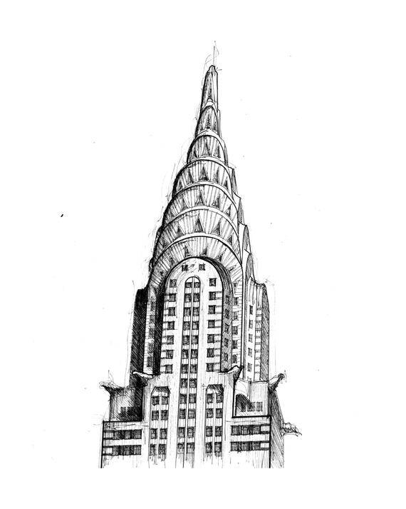 570x713 Chrysler Building Drawing Stylistic Wall Art Prints New York Etsy - Chrysler Building Drawing