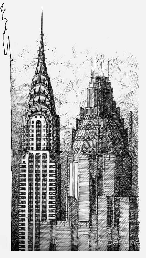 570x1002 Chrysler Building Pen Ink Drawing Print Limited - Chrysler Building Drawing