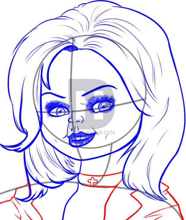 609x720 how to draw bride of chucky, step - Chucky Drawing