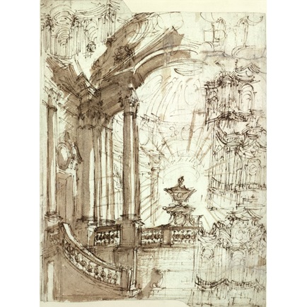 434x434 design, possibly for a stage set, showing a church interior - Church Altar Drawing