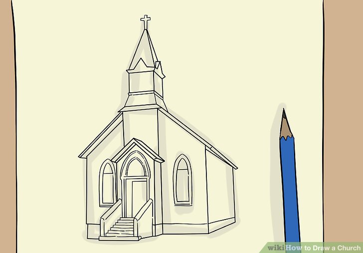 728x507 Drawing A Cartoon Church Natural How To Draw Step - Church Cartoon Drawing