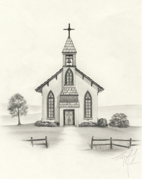 570x718 Country Church Pencil Drawing In Products Pencil Drawings - Church Drawing
