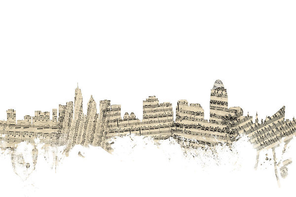600x400 Cincinnati Ohio Skyline Sheet Music Cityscape Art Print - Cincinnati Skyline Drawing