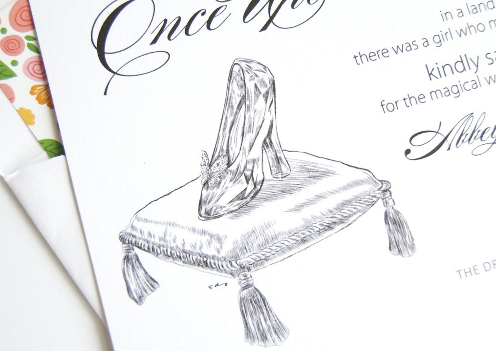 1015x720 disney cinderella's glass slipper hand drawn save the date cards - Cinderella Glass Slipper Drawing