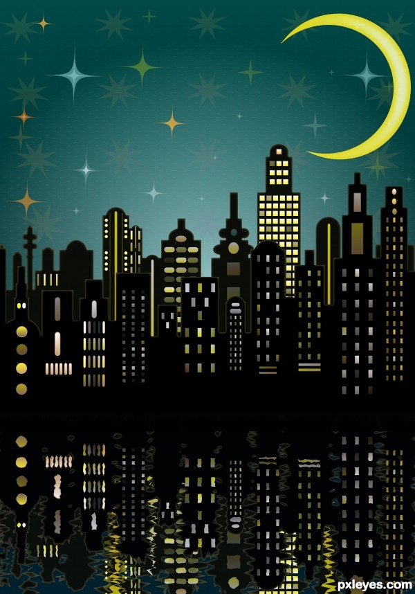 600x858 create a big night city with glowing moon and rippled water - City At Night Drawing