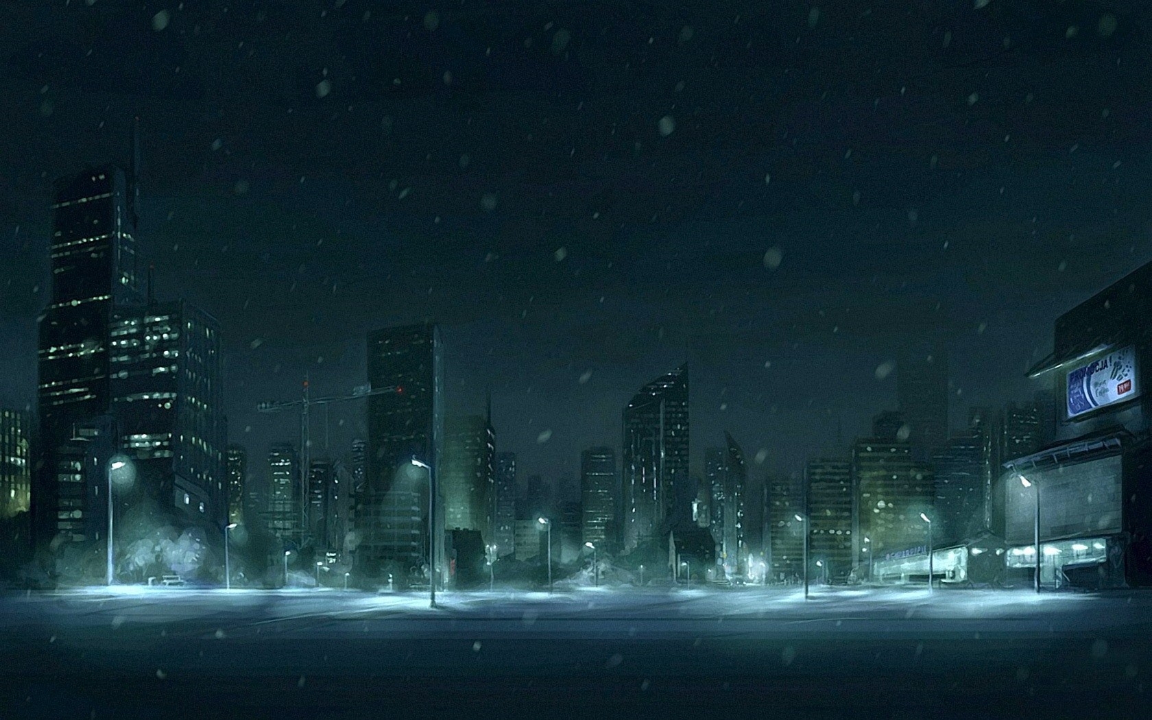 1680x1050 wallpaper drawing, snow, winter, night, buildings, fog city - City At Night Drawing