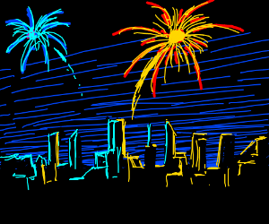 300x250 The Fireworks Light Up The City Night Drawing - City At Night Drawing