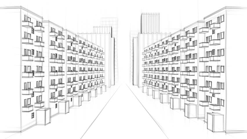 852x480 architecture drawing of living street in a city, on white background - City Background Drawing