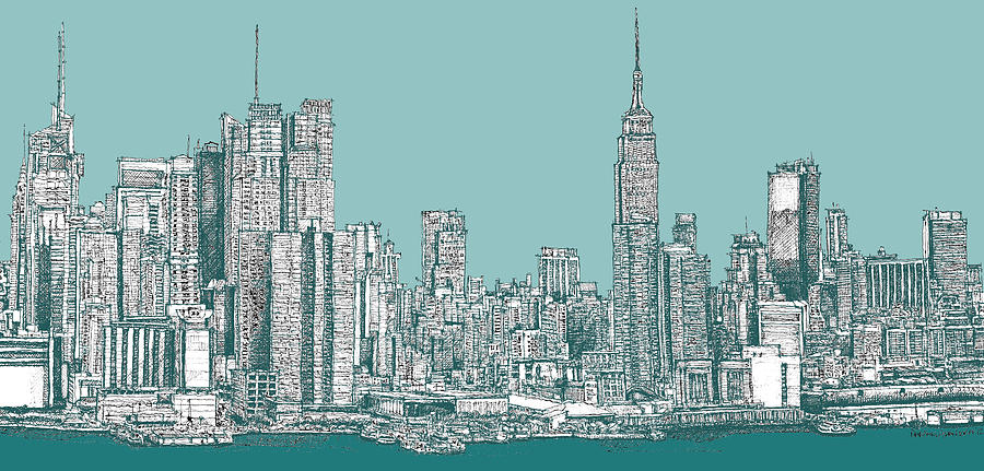 900x431 New York City In Blue Green Drawing - City Buildings Drawing