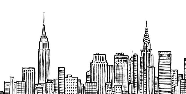 640x324 new york city skyline, nyc, empire state, chrystler building, ink - City Buildings Drawing