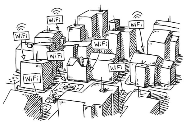 599x399 city buildings wifi spots drawing art print - City Buildings Drawing