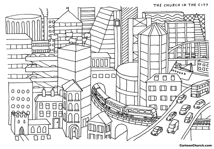 706x492 Colouring The Church In The City - City Cartoon Drawing