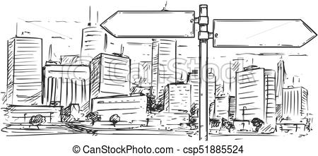 450x221 Drawing Of Empty Blank Traffic Road Sign On City Background - City Cartoon Drawing
