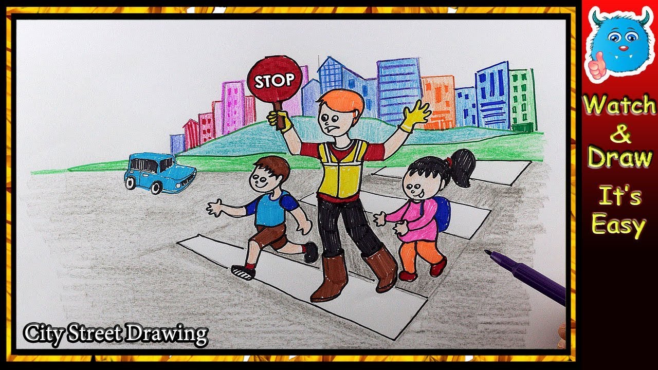 1280x720 How To Draw City Road Safety Drawing Easy Cartoon For Kids - City Cartoon Drawing