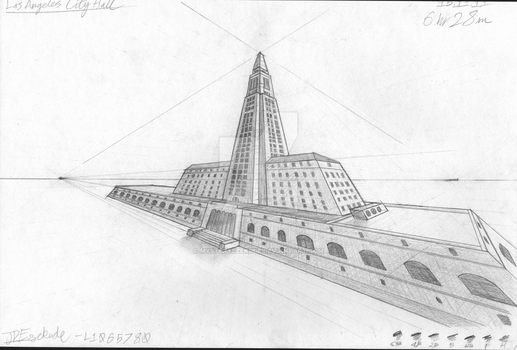 1024x694 los angeles city hall three point perspective draw - City Hall Drawing