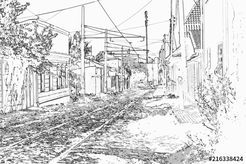 500x333 City Landscape Of Small Town With Old Houses, Trees, Sky, Grass - City Landscape Drawing