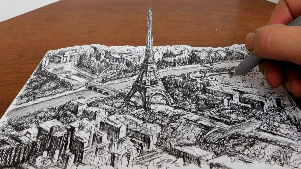 1280x720 Paris Landscape Drawing And Drawing The Eiffel Tower - City Landscape Drawing