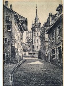 225x300 vintage european charcoal drawing of urban landscape and signed - City Landscape Drawing