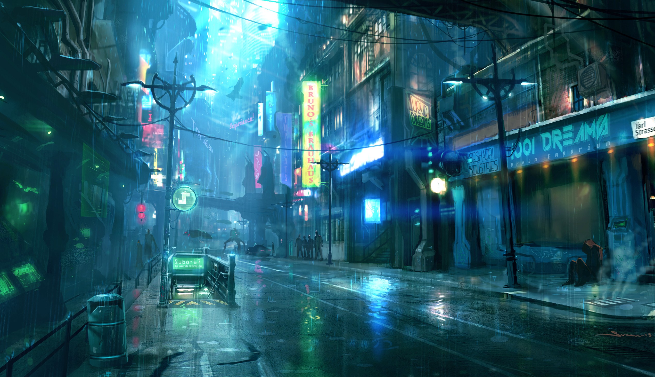 2540x1460 Light, Paintings, Blue, Rain, Signs, Subway, Cyberpunk, Dreamfall - City Lights Drawing