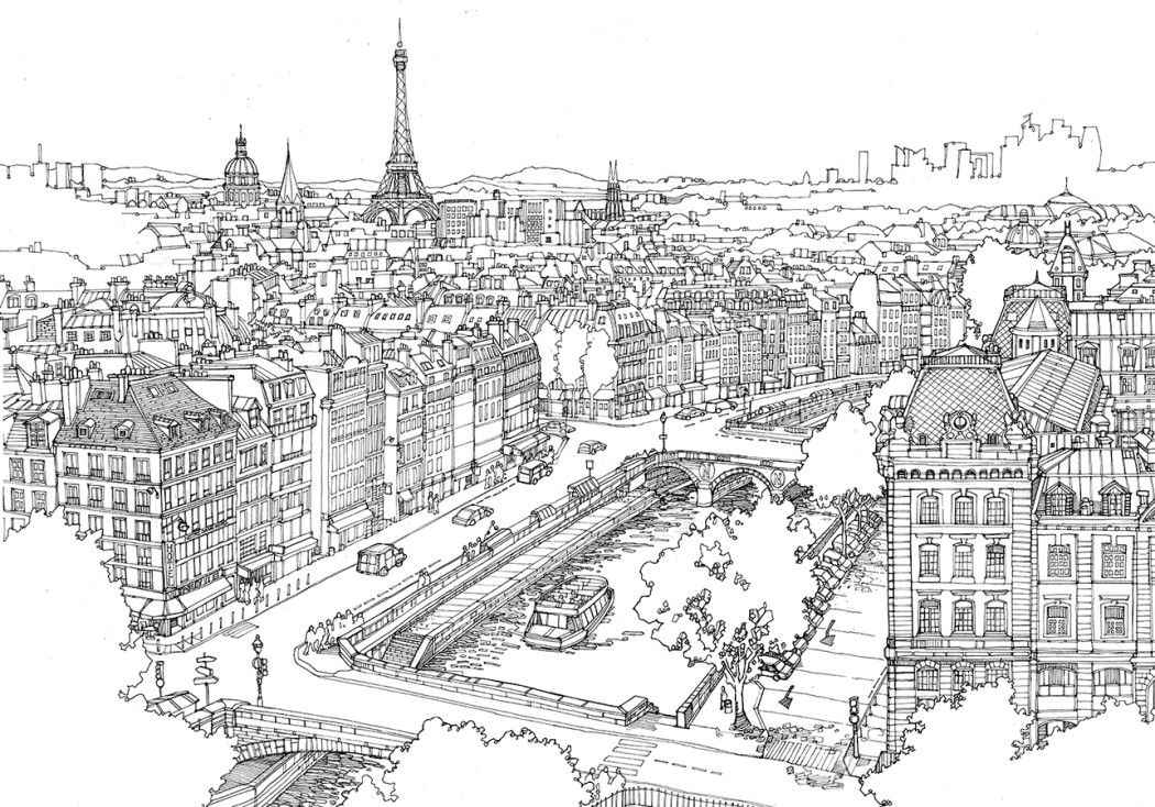 1050x734 Pin On Pen And Ink Drawing - City Line Drawing