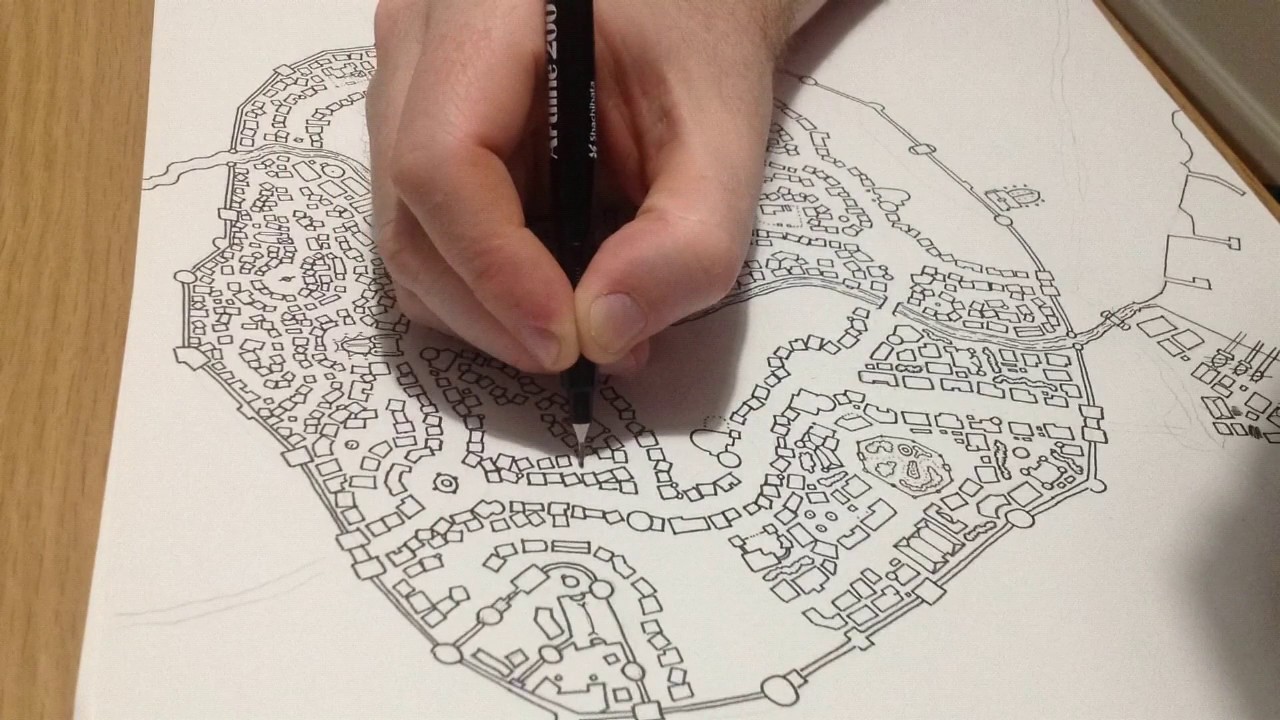 1280x720 Hand Drawn Medieval City Map, Time Lapse, Dampd - City Map Drawing
