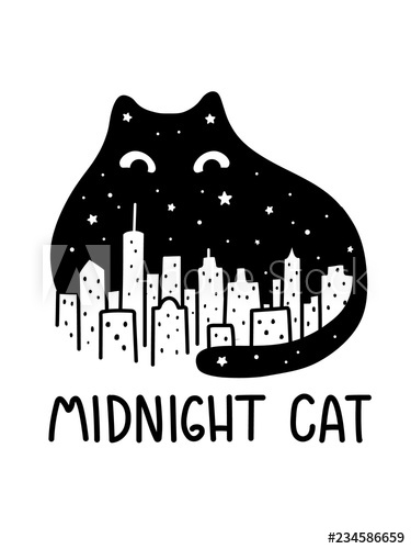 375x500 a cartoon vector outline drawing of black midnight sky cat - City Outline Drawing