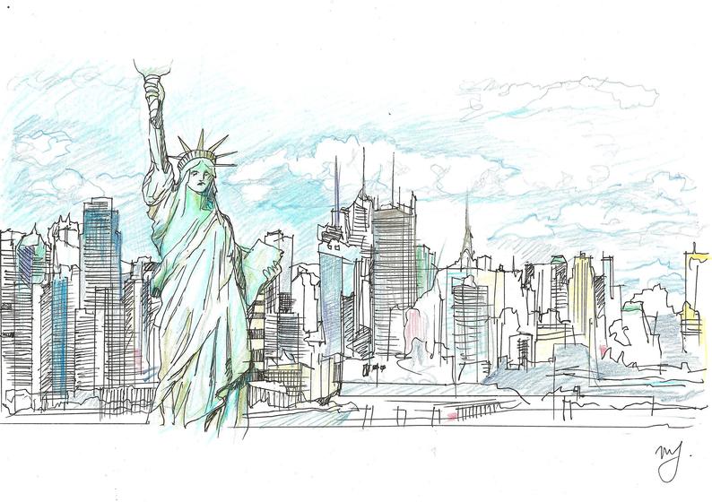 794x560 Color Pencil Sketch Of New York City Statue Of Liberty On Etsy - City Pencil Drawing