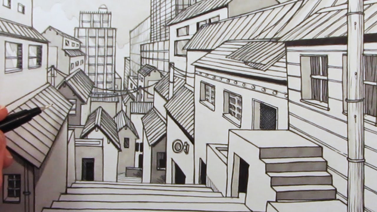 1280x720 How To Draw A City Using Point Perspective Narrated - City Pencil Drawing