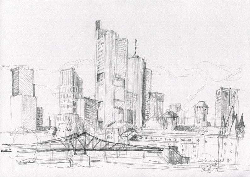 794x564 Mainhattan Frankfurt Pencil Drawing Of City Skyline Urban Etsy - City Pencil Drawing