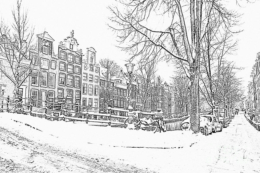 900x600 Pencil Drawing From Snowy Amsterdam City Center - City Pencil Drawing