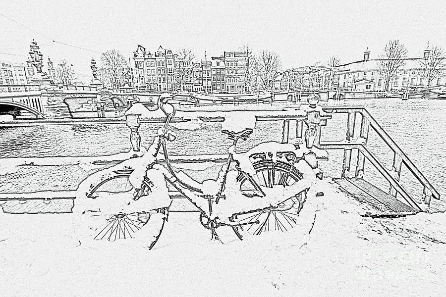 900x600 Pencil Drawing From Snowy Bicycle In Amsterdam City Center - City Pencil Drawing