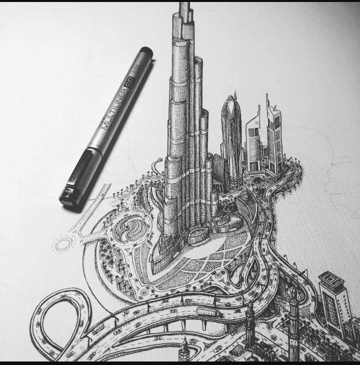 720x731 Stunning Sketches Of Cities Pencil Shades - City Pencil Drawing