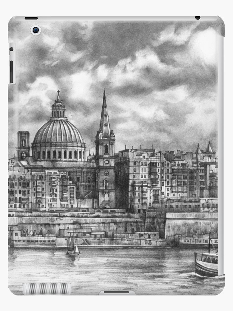 750x1000 View Of The City Of Malta - City Pencil Drawing