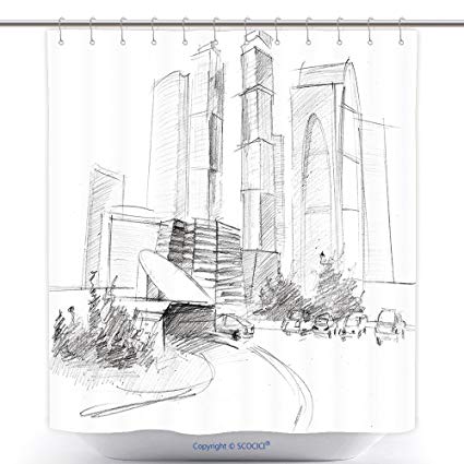 425x425 Vanfan Polyester Shower Curtains Pencil Drawing A Big - City Pencil Drawing
