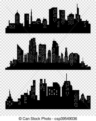 374x470 set of vector cities silhouette night town on transparent background - City Silhouette Drawing
