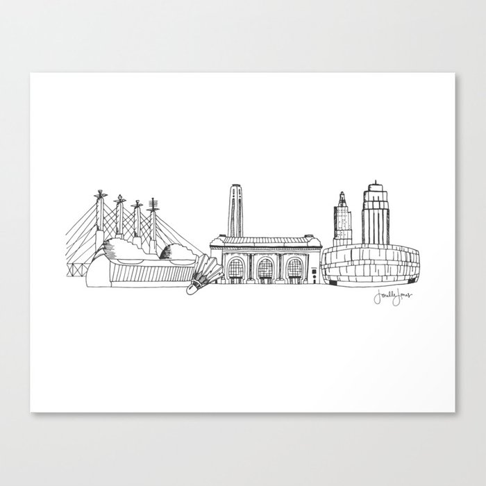 700x700 kansas city skyline illustration black line art canvas print - City Skyline Line Drawing