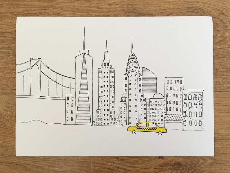 794x596 New York City Skyline Illustration Hand Illustrated New Etsy - City Skyline Line Drawing