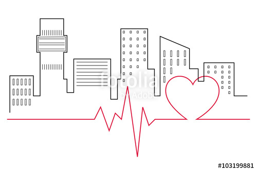 500x334 heartbeat line in front of the city skyline line drawing stock - City Skyline Line Drawing
