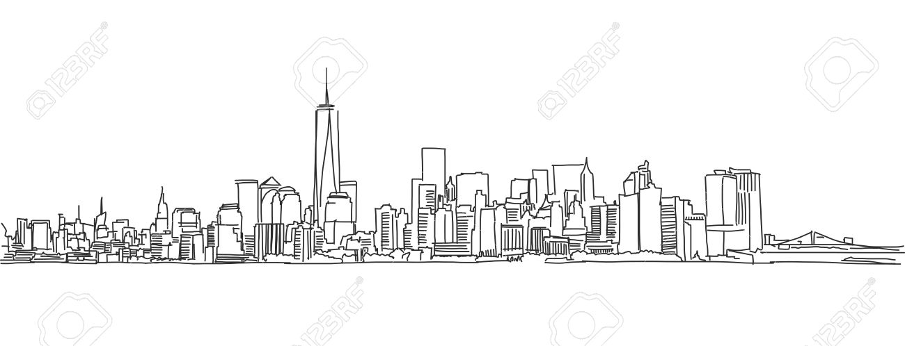 1300x498 nyc skyline outline free hand sketch of new york city - City Skyline Line Drawing