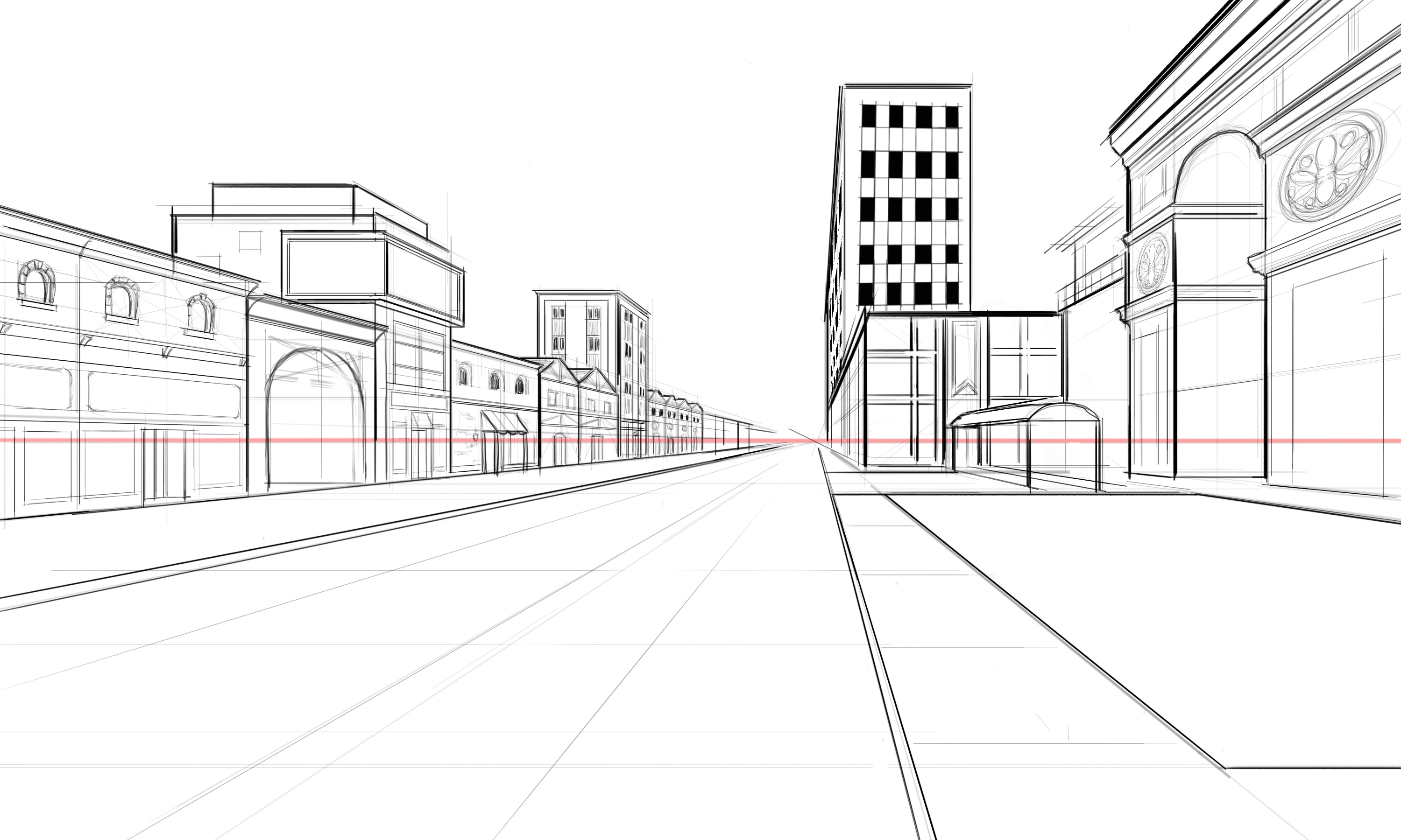 Зарисовка города линейная перспектива