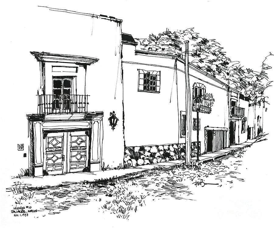 900x749 Mexico City San Angel Hidalgo Street Drawing - City Street Drawing