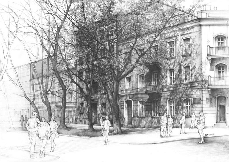 794x563 Original Architecture Drawing - City Street Drawing