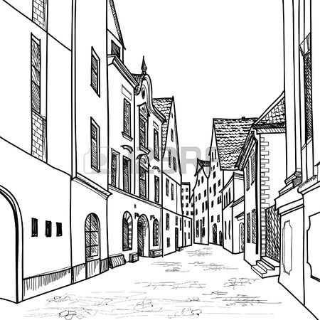 450x450 pedestrian street in the old european city with tower - City Street Drawing