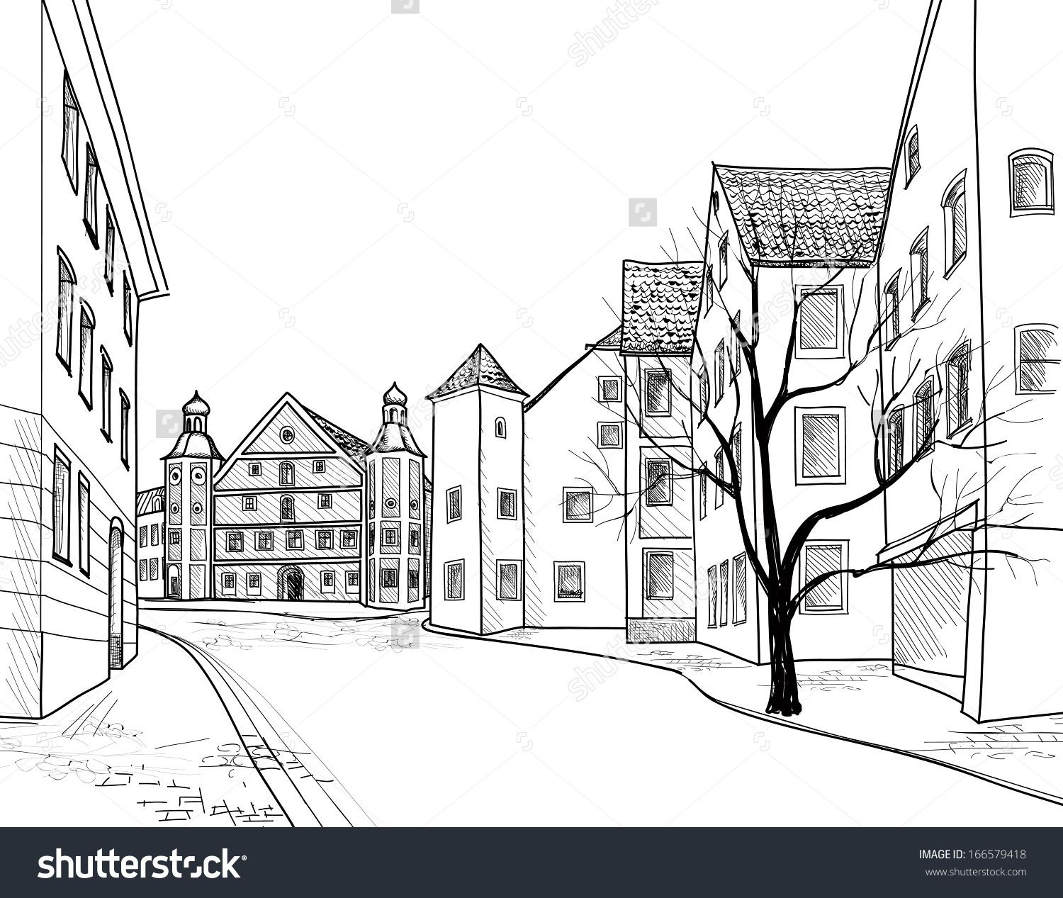 1500x1267 perspective houses sketch pedestrian street in the old european - City Street Drawing