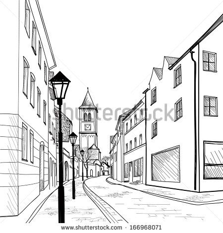 450x470 downtown illustration european downtown landscape vector - City Street Drawing