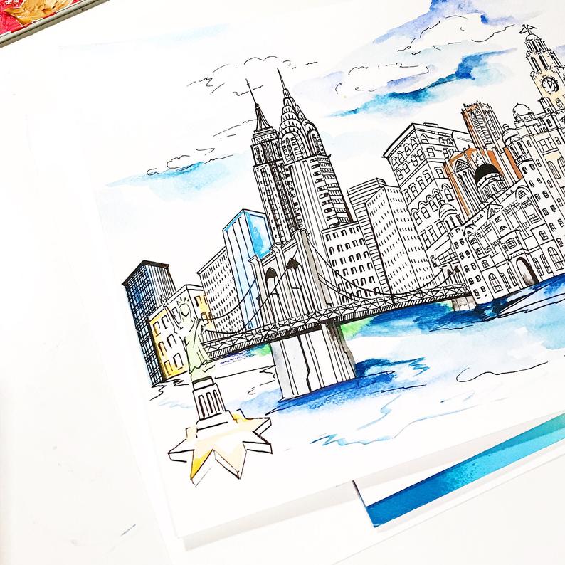 794x794 custom cityscape line drawing with touches of colour etsy - Cityscape Line Drawing