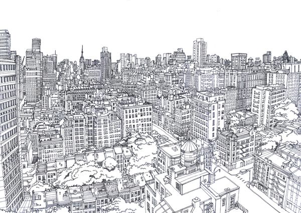 600x426 line drawing of upper east side, manhattan - Cityscape Line Drawing